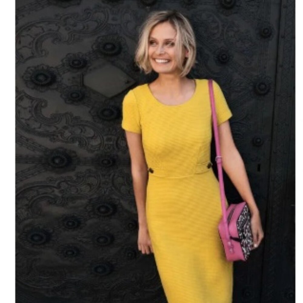 Boden Cordelia Ottoman Ribbed Knit Sheath Dress 8R/12R Mustard Yellow Cotton UK
